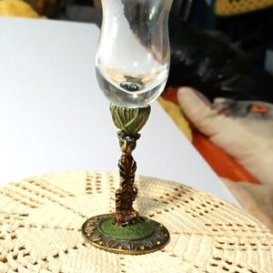 Elegant Glass  5 Inch Goblet with Ornate Brass Stem With A Jewelled Tiger